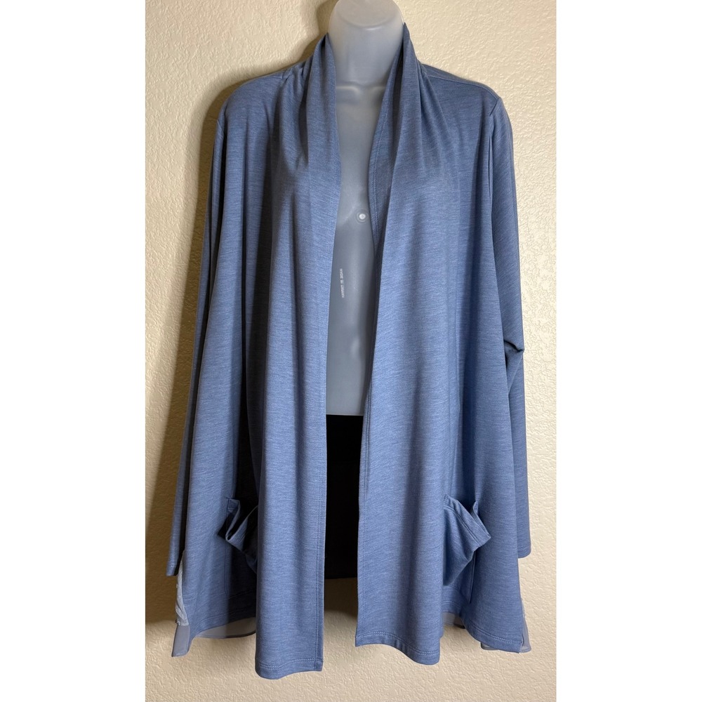 LOGO Lori Goldstein‎ Womens 2X Cardigan Blue Open Front Swiss Dot Ruffle Hem